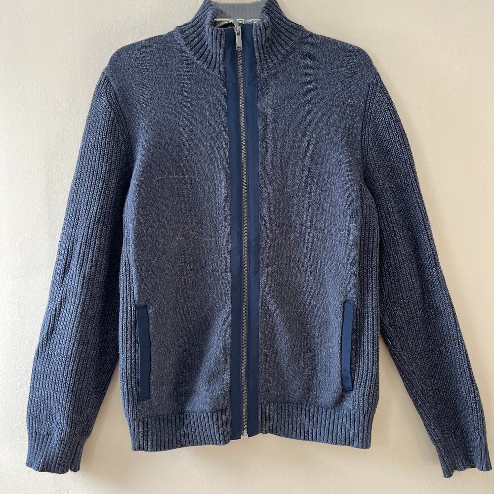 Daniel Hechter‎ Paris Sz M Blue Full Zip Knit Cardigan Sweater Mock Neck Pockets